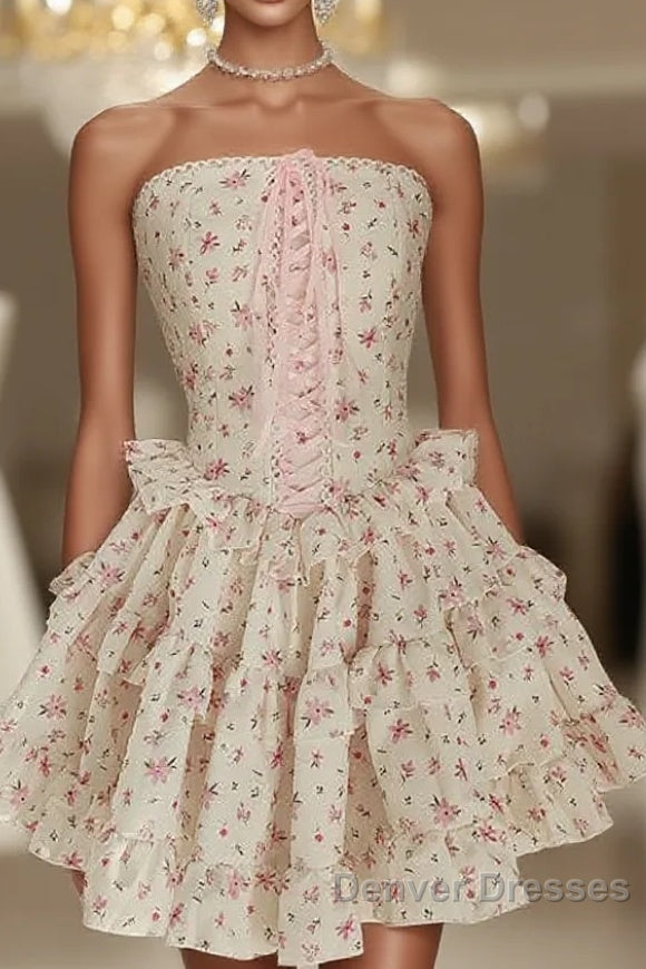 Sexy A Line Strapless Floral Holiday Dress Travel Vacation Dress Short Chiffon Birthday Dress