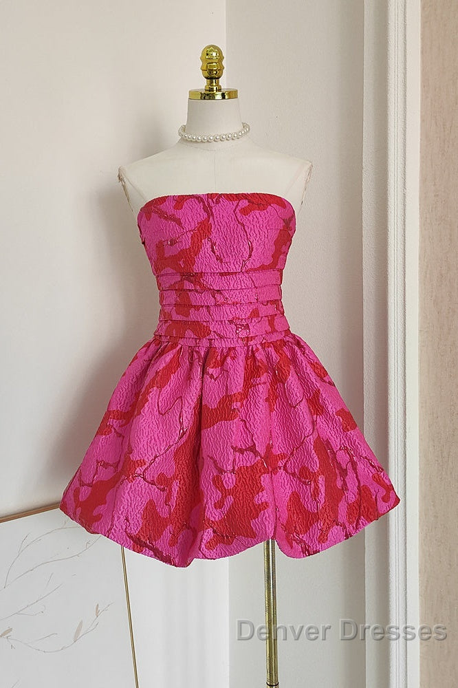 Sexy A Line Strapless Satin Pink Floral Vacation Dress Short Birthday Dress