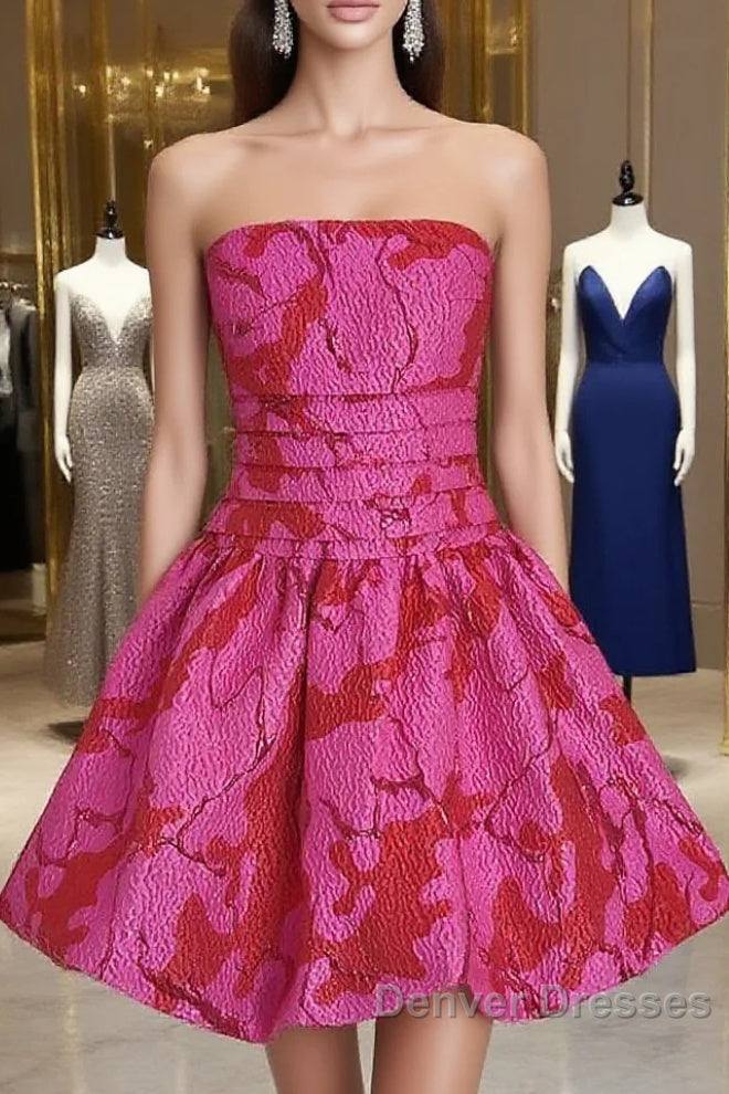 Sexy A Line Strapless Satin Pink Floral Vacation Dress Short Birthday Dress