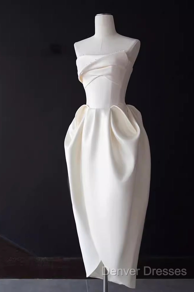 Sexy A Line Strapless Satin White Tea Length Wedding Dress Brides Dress Secondary image