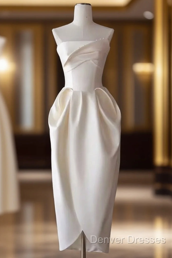 Sexy A Line Strapless Satin White Tea Length Wedding Dress Brides Dress Main image