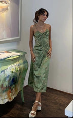Sexy A Line Straps Green Floral Prom Dress Evening Dress