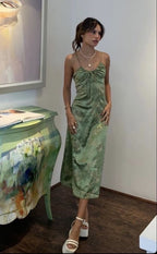 Sexy A Line Straps Green Floral Prom Dress Evening Dress