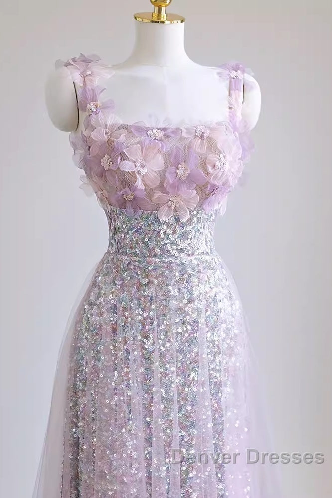Sexy A Line Straps Lilac Sequin Prom Dress Secondary image
