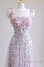 Sexy A Line Straps Lilac Sequin Prom Dress