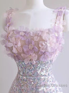 Sexy A Line Straps Lilac Sequin Prom Dress