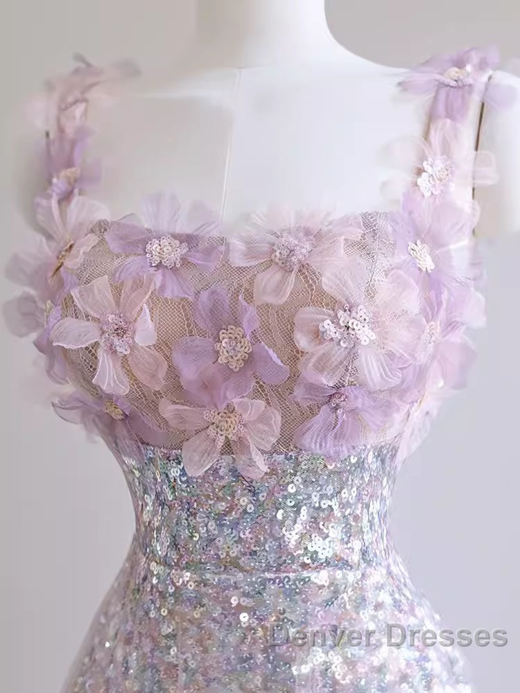 Sexy A Line Straps Lilac Sequin Prom Dress