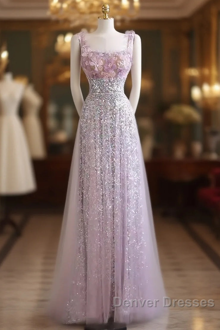 Sexy A Line Straps Lilac Sequin Prom Dress