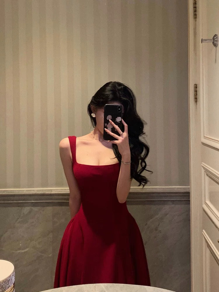 Sexy A Line Straps Red Ankle Length Prom Dress Birthday Outfits Formal Dress