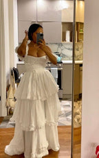 Sexy A Line Straps Ruffles Floor Length Chiffon White Prom Dress 1697