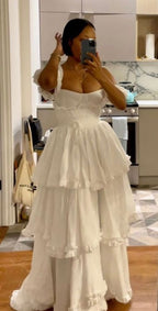 Sexy A Line Straps Ruffles Floor Length Chiffon White Prom Dress