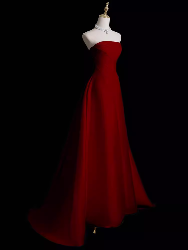 Sexy A Line Strapless Sleeveless Burgundy Long Prom Dress