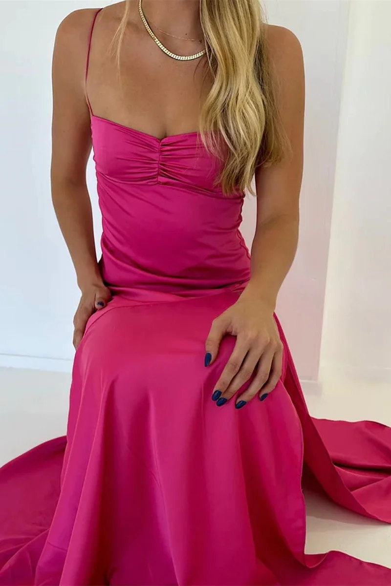 Sexy A Line Straps Sleeveless Party Dress Hot Pink Side Slit Prom Dress