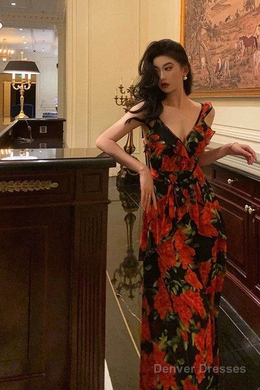 Sexy A Line Straps Sleeveless Red Floral Ruffle Chiffon Prom Dresses Birthday Outfits Secondary image