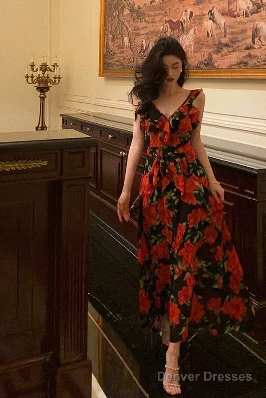 Sexy A Line Straps Sleeveless Red Floral Ruffle Chiffon Prom Dresses Birthday Outfits Main image