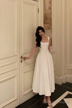 Sexy A Line Straps Sleeveless White Tea Length Prom Dresses Birthday Outfits