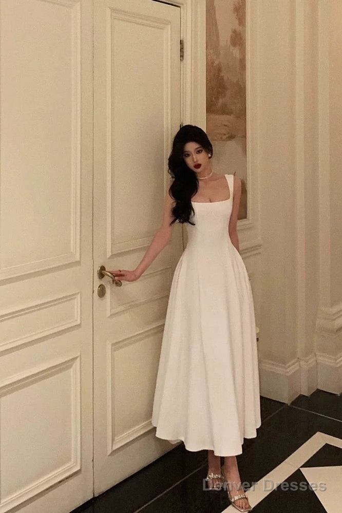 Sexy A Line Straps Sleeveless White Tea Length Prom Dresses Birthday Outfits