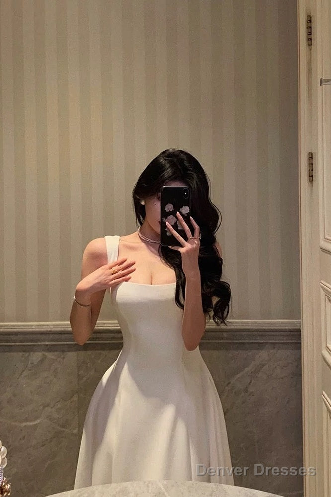 Sexy A Line Straps Sleeveless White Tea Length Prom Dresses Birthday Outfits