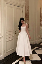 Sexy A Line Straps Sleeveless White Tea Length Prom Dresses Birthday Outfits