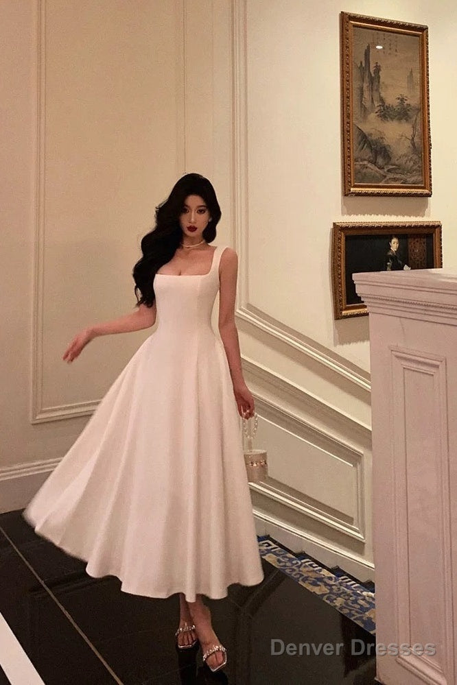 Sexy A Line Straps Sleeveless White Tea Length Prom Dresses Birthday Outfits