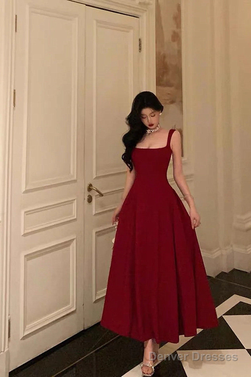 Sexy A Line Straps Wine Red Ankle Length Prom Dresses,Wine Red Formal Dress Secondary image