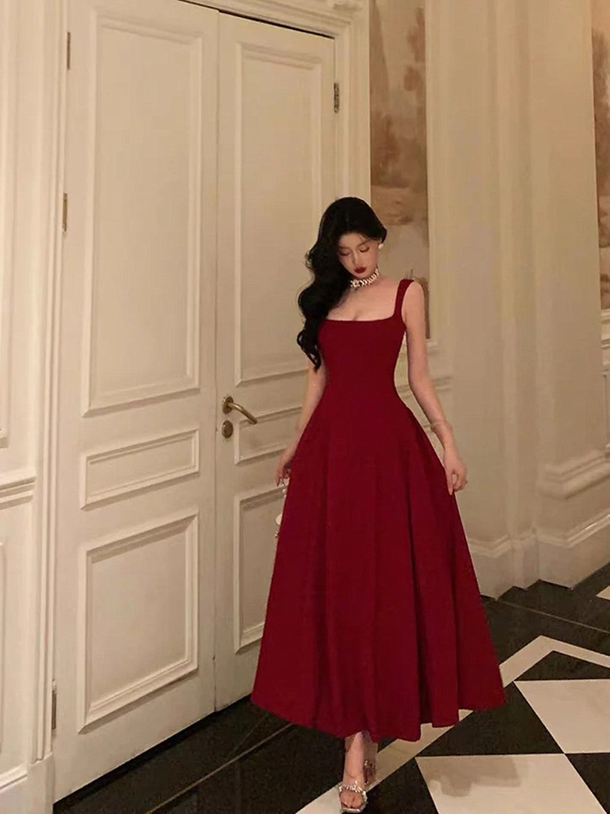 Sexy A Line Straps Wine Red Ankle Length Prom Dress,Wine Red Formal Dress Secondary image