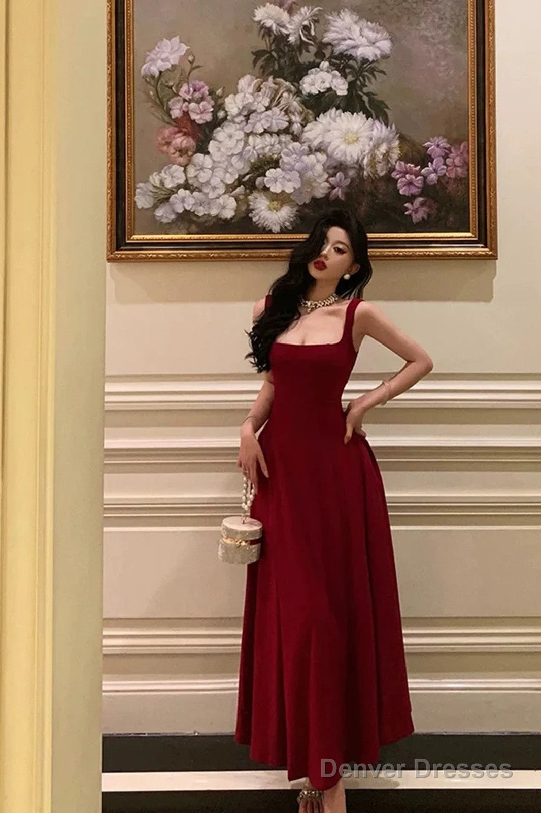 Sexy A Line Straps Wine Red Ankle Length Prom Dresses,Wine Red Formal Dress