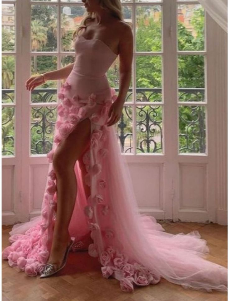 Sexy A Line Sweetheart Sleeveless Party Dress Pink Slit Flowers Prom Dress Main image