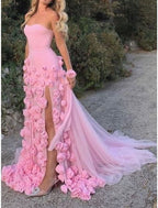 Sexy A Line Sweetheart Sleeveless Party Dress Pink Slit Flowers Prom Dress