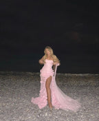 Sexy A Line Sweetheart Sleeveless Party Dress Pink Slit Flowers Prom Dress