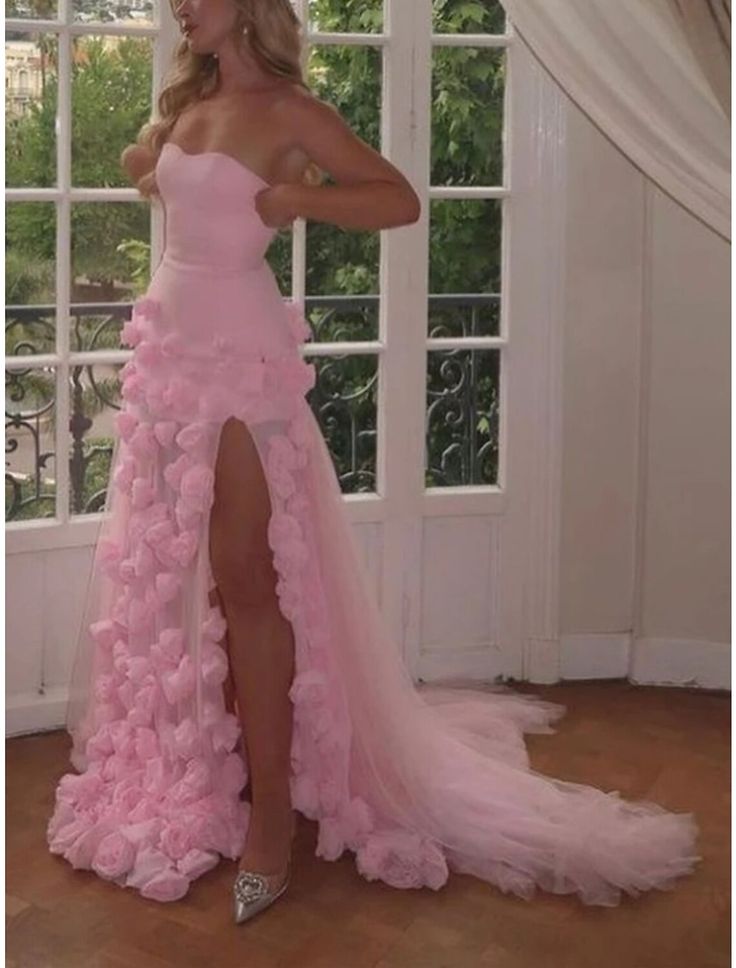 Sexy A Line Sweetheart Sleeveless Party Dress Pink Slit Flowers Prom Dress