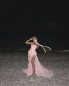 Sexy A Line Sweetheart Sleeveless Party Dress Pink Slit Flowers Prom Dress