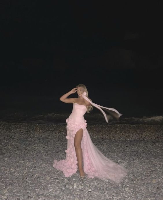 Sexy A Line Sweetheart Sleeveless Party Dress Pink Slit Flowers Prom Dress