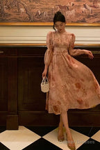 Sexy A Line V Neckline Long Sleeves Pink Floral Prom Dresses Birthday Outfits Evening Gown