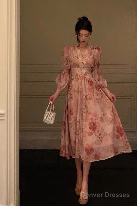 Sexy A Line V Neckline Long Sleeves Pink Floral Prom Dresses Birthday Outfits Evening Gown Main image