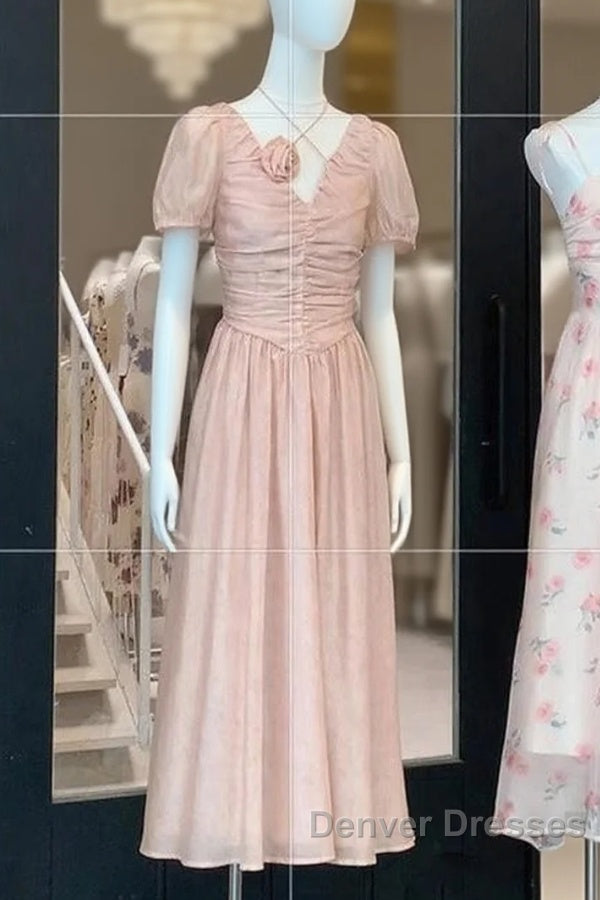 Sexy A Line V Neckline Pink Chiffon Beach Dress WomenS Vacation Dress Main image