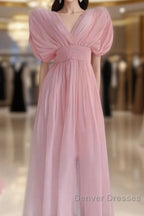Sexy A Line V Neckline Ruffled Pink Chiffon Beach Dress WomenS Vacation Dress
