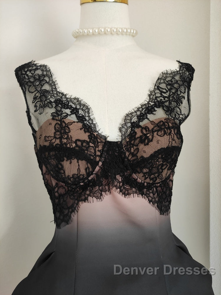 Sexy A Line V Neckline Satin Lace Vacation Dress Short Birthday Dress
