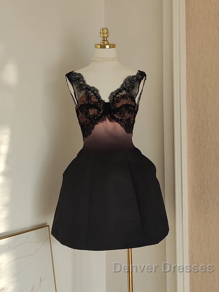 Sexy A Line V Neckline Satin Lace Vacation Dress Short Birthday Dress
