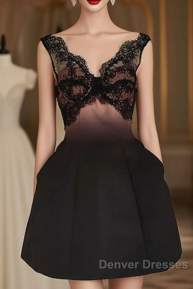 Sexy A Line V Neckline Satin Lace Vacation Dress Short Birthday Dress