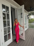 Sexy A Line V Neckline Sleeveless Party Dress Hot Pink Prom Dress