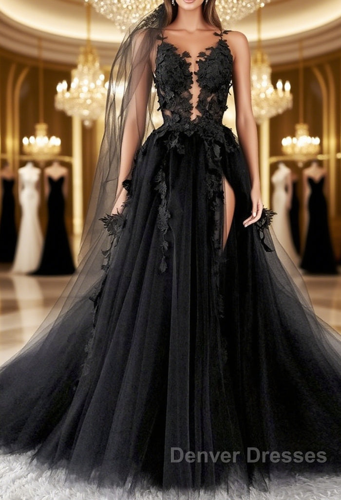 Sexy Backless Appliques Black Lace Long Prom Dress, Black Lace Formal Dress, Black Evening Dress Main image