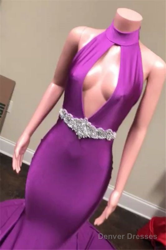 Sexy Backless Long Sweep Train Elastic Purple Prom Dress