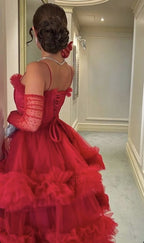 Sexy Ball Gown Long Straps Red Tulle Prom Dress