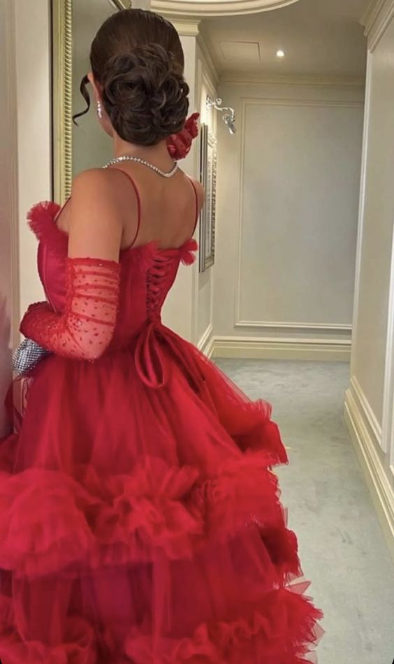 Sexy Ball Gown Long Straps Red Tulle Prom Dress