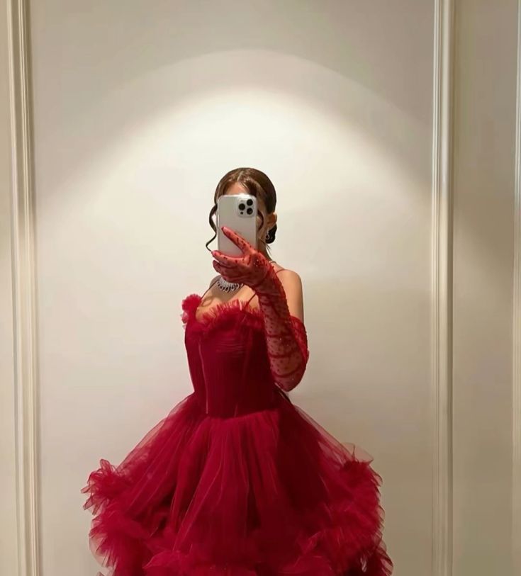 Sexy Ball Gown Long Straps Red Tulle Prom Dress