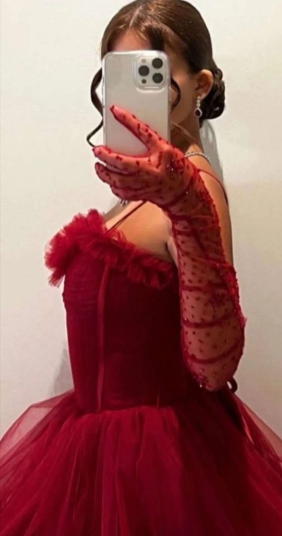 Sexy Ball Gown Long Straps Red Tulle Prom Dress