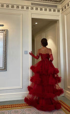 Sexy Ball Gown Long Straps Red Tulle Prom Dress
