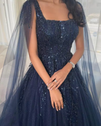 Sexy Ball Gown Navy Blue Tulle Long Sequin Prom Dress Long Party Dress