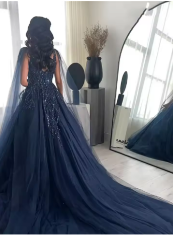 Sexy Ball Gown Navy Blue Tulle Long Sequin Prom Dress Long Party Dress